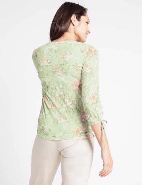 Yeşil Pamuklu Çiçek Desenli Jarse Bluz