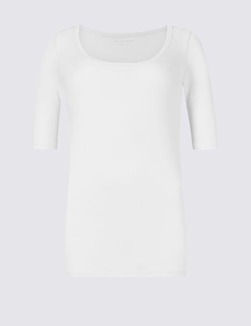Beyaz Saf Pamuklu Kayık Yaka Yarım Kollu T-Shirt