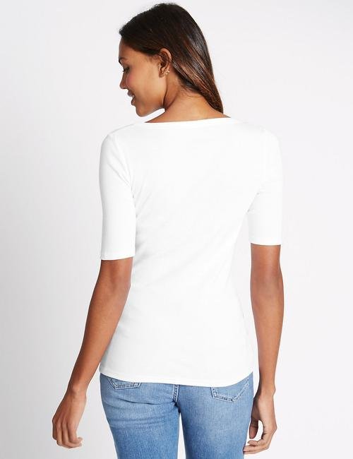 Beyaz Saf Pamuklu Kayık Yaka Yarım Kollu T-Shirt