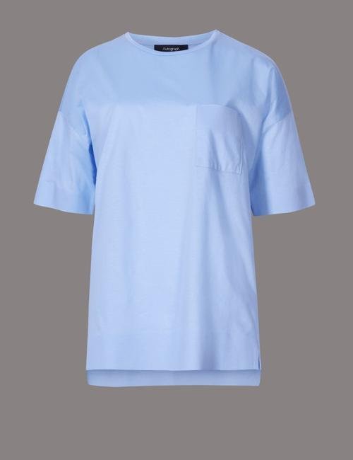 Mavi Kısa Kollu Cepli T-Shirt