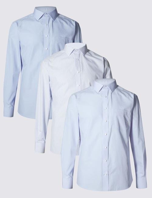 Mavi 3'lü Paket Kolay Ütülenebilir Slim Gömlek