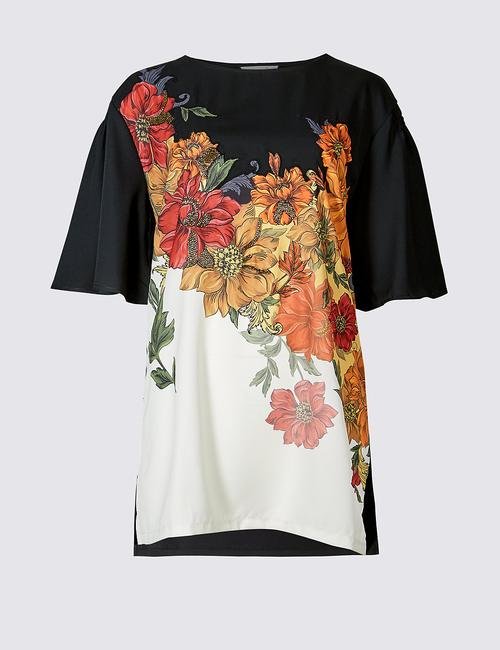 Siyah Çiçek Desenli Boncuklu Yarım Kollu Tunik Bluz