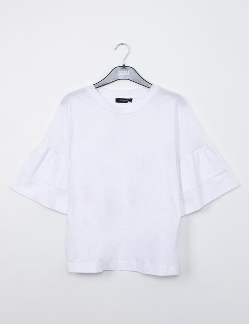 Beyaz Fırfır Kollu T-Shirt
