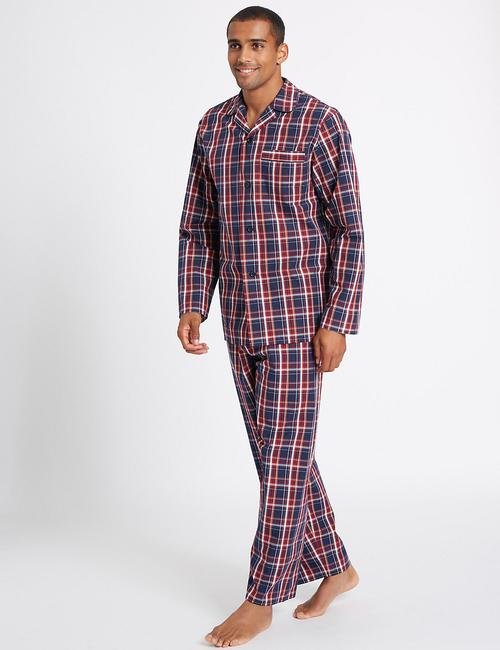 Lacivert Saf Pamuklu Ekose Pijama Takımı