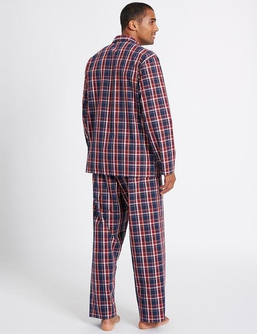Lacivert Saf Pamuklu Ekose Pijama Takımı