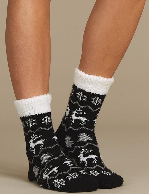 Siyah 2'li Fairisle Desenli Ev Çorabı