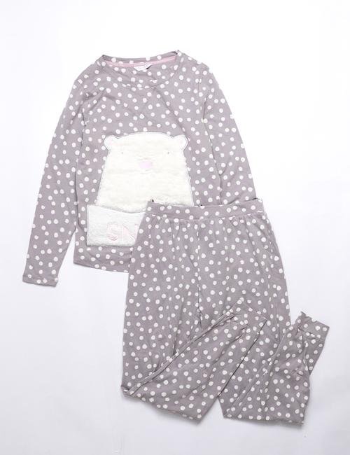 Gri Uzun Kollu Desenli Pijama Takımı