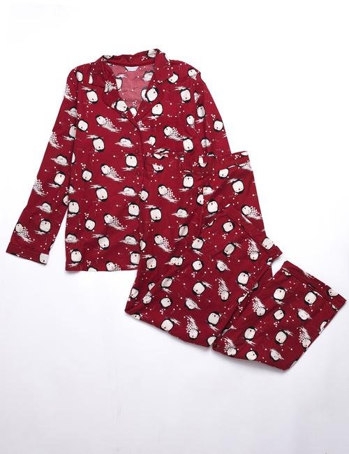 Kırmızı Penguen Desenli Pijama Takımı