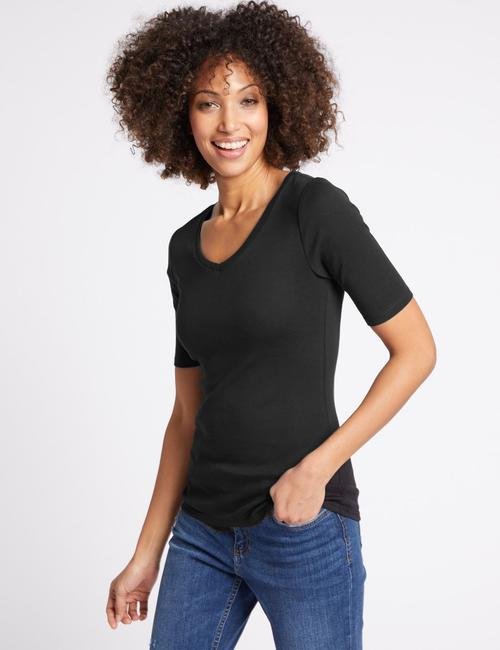 Siyah Saf Pamuklu V Yaka Yarım Kollu T-Shirt