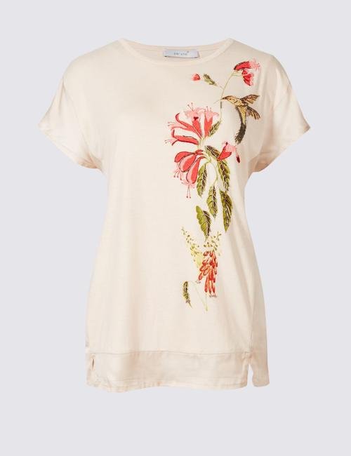 Pembe Çiçek Desenli Kısa Kollu T-Shirt