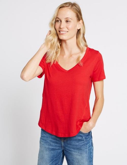 Kırmızı Saf Pamuklu V Yaka Kısa Kollu T-Shirt
