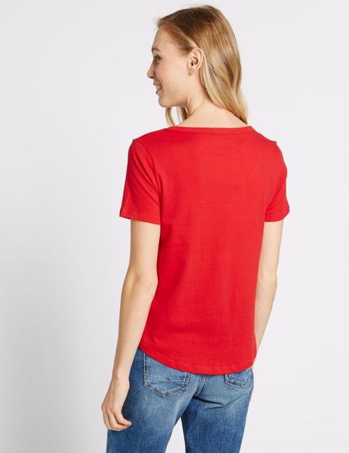 Kırmızı Saf Pamuklu V Yaka Kısa Kollu T-Shirt
