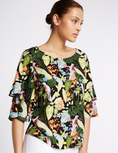 Multi Renk Fırfır Kollu Çiçek Desenli Bluz