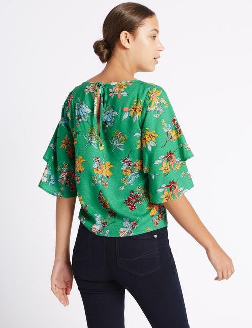 Yeşil Fırfır Kollu Çiçek Desenli Bluz