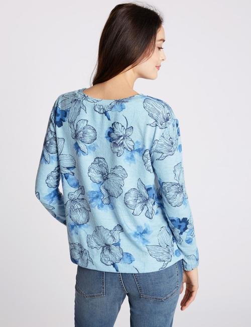 Mavi Çiçek Desenli Uzun Kollu T-Shirt