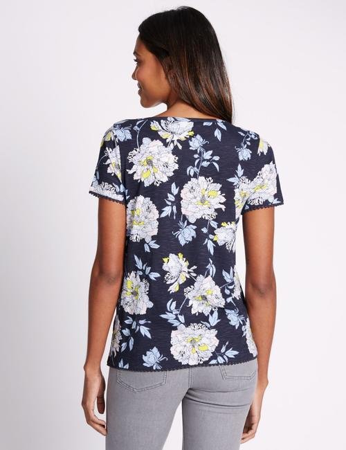 Lacivert Çiçek Desenli Ponpon Detaylı T-Shirt