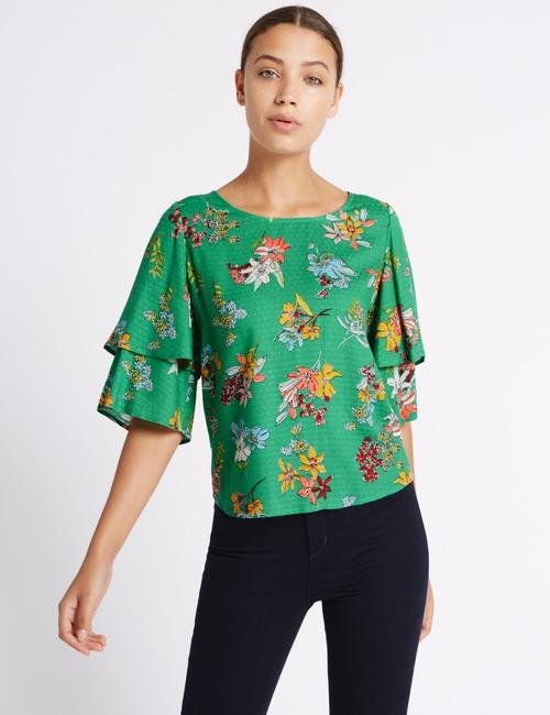 Yeşil Fırfır Kollu Çiçek Desenli Bluz