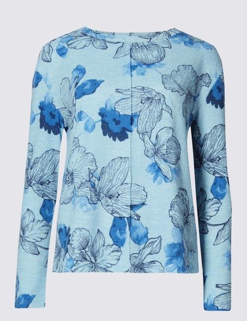 Mavi Çiçek Desenli Uzun Kollu T-Shirt