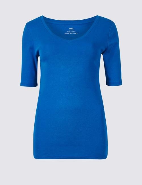 Mavi Saf Pamuklu Yarım Kollu V Yaka T-Shirt