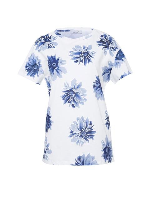 Mavi Saf Pamuklu Çiçek Desenli T-Shirt