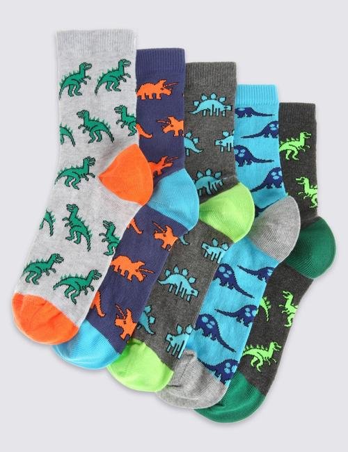 Mavi 5'li Dinozor Desenli Neon Çorap Seti