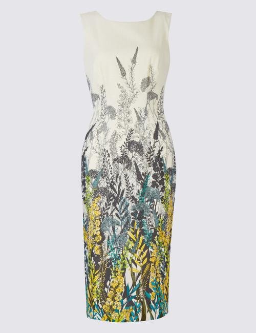 Bej Çiçek Desenli Bodycon Midi Elbise