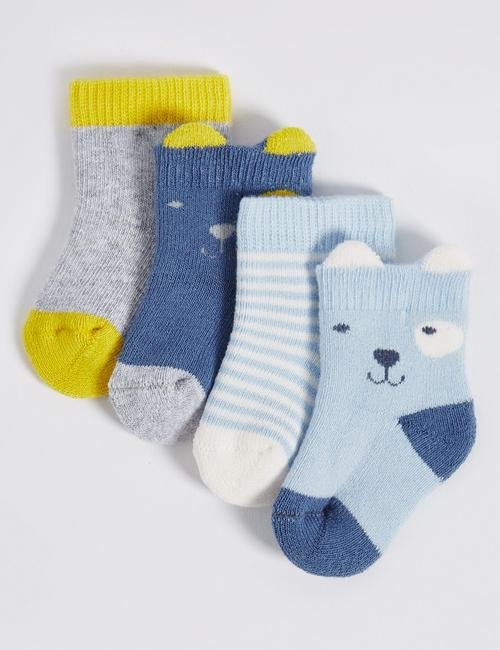 Mavi 4'lü Pamuklu StaySoft™ Çorap (0 - 12 Ay)