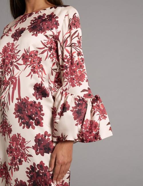 Kırmızı Çiçek Desenli Saten Midi Elbise