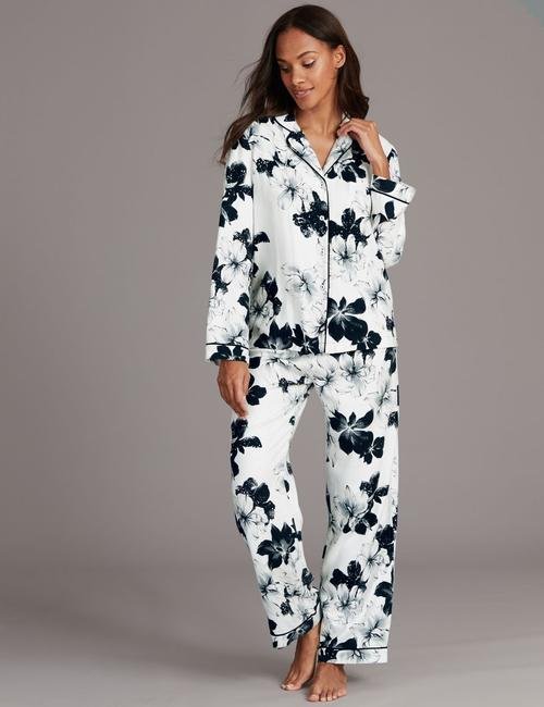 Gri Çiçek Desenli Uzun Kollu Pijama Takımı