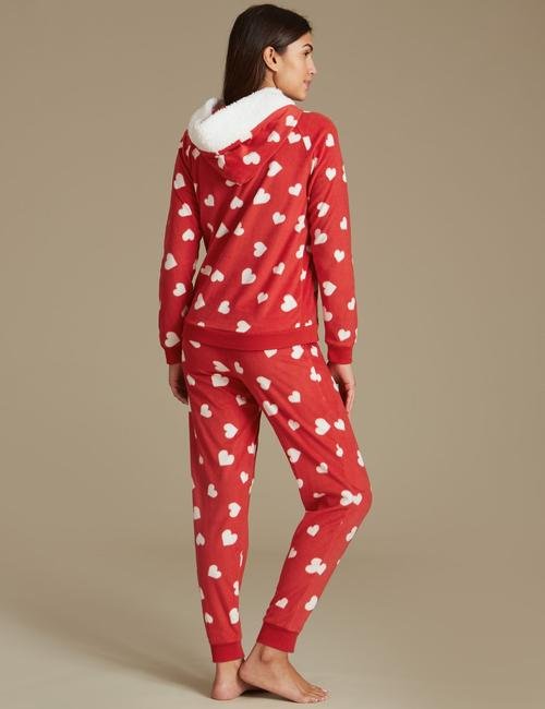 Kırmızı Desenli Uzun Kollu Polar Pijama Takımı