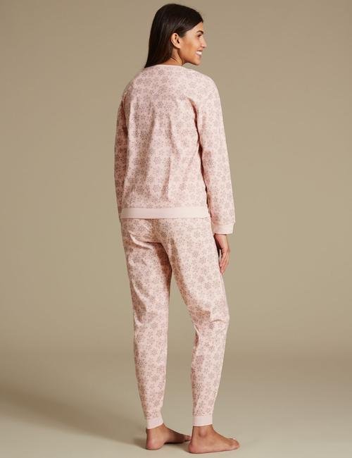 Pembe Kar Tanesi Desenli Uzun Kollu Pijama Takımı