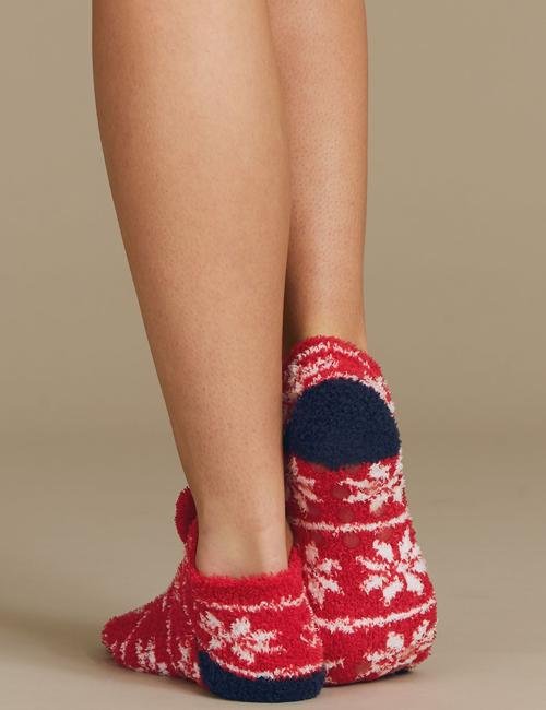 Kırmızı Ponponlu Fairisle Desenli Terlik Çorap