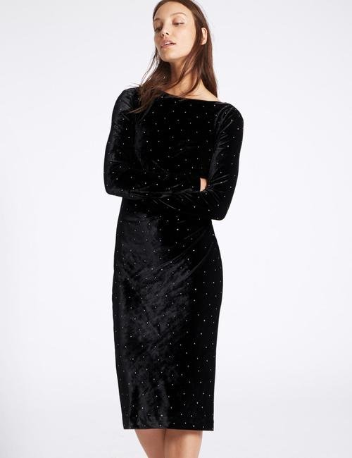 Siyah Uzun Kollu Kadife Midi Tunik Elbise