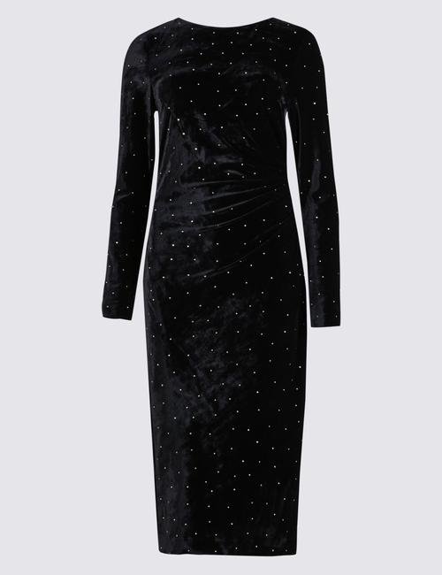 Siyah Uzun Kollu Kadife Midi Tunik Elbise