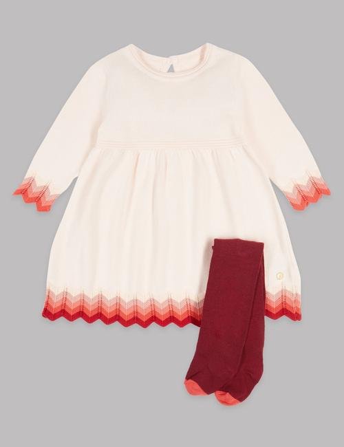 Şeftali rengi 2 Parça Intarsia Örgü Elbise ve Külotlu Çorap Takımı