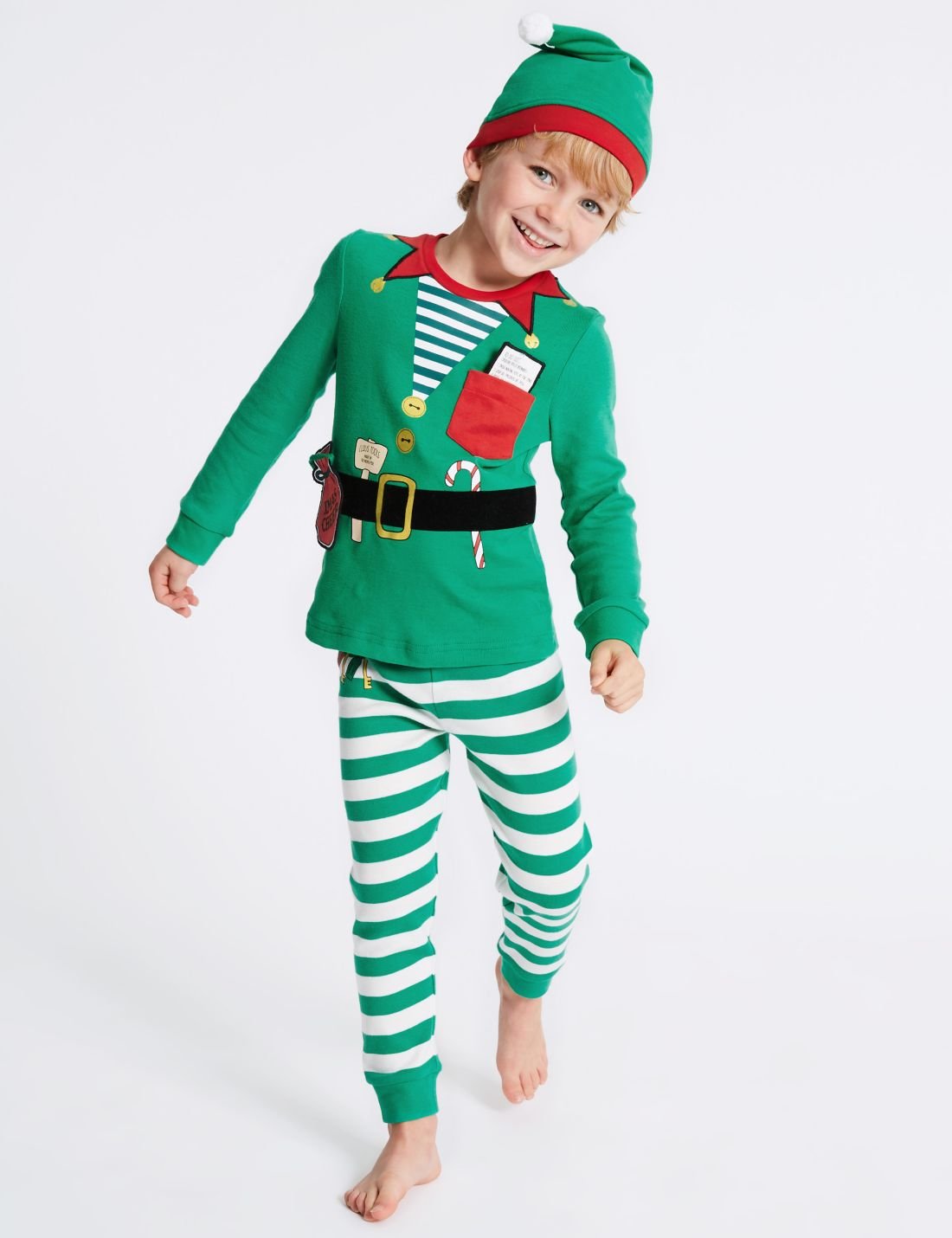 Saf Pamuklu Elf Pijama Takımı (Şapkası ile Bereaber) (9 Ay - 8 Yaş)