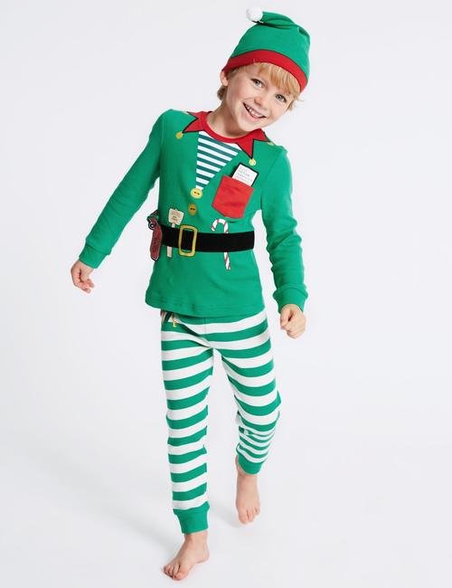 Yeşil Saf Pamuklu Elf Pijama Takımı (Şapkası ile Bereaber) (9 Ay - 8 Yaş)