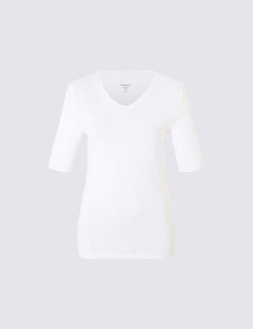 Beyaz Saf Pamuklu V Yaka T-Shirt