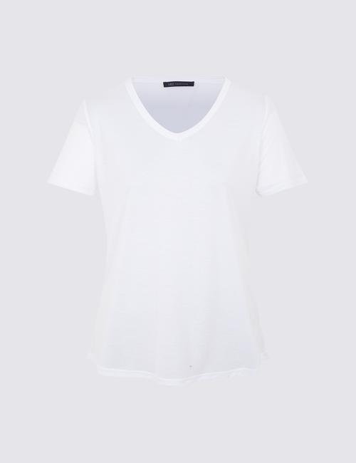 Beyaz Kısa Kollu V Yaka T-shirt