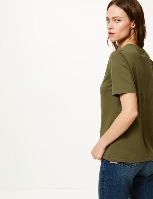 Yeşil Pamuklu Straight Fit T-Shirt
