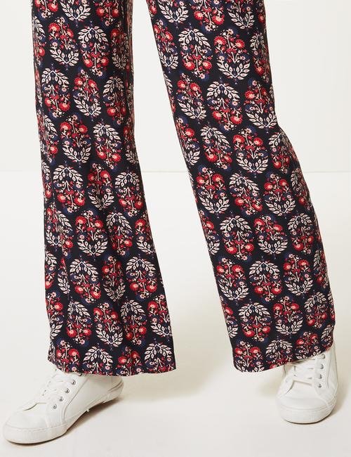 Lacivert Çiçek Desenli Wide Leg Yüksek Bel Pantolon