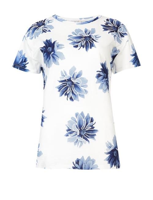 Mavi Saf Pamuklu Çiçek Desenli T-Shirt