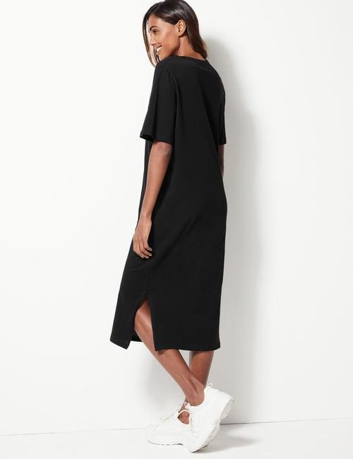 Siyah Saf Pamuklu Midi Elbise