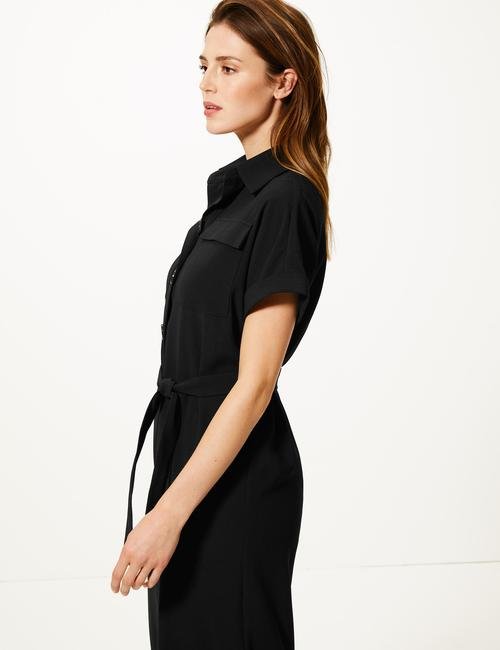 Siyah Kuşaklı Maxi Gömlek Elbise