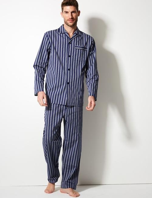 Mavi Pamuk Karışımlı Çizgili Pijama Takımı
