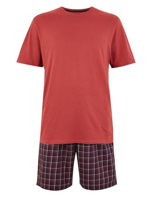 Kahverengi Pamuklu Ekose Şortlu Pijama Takımı