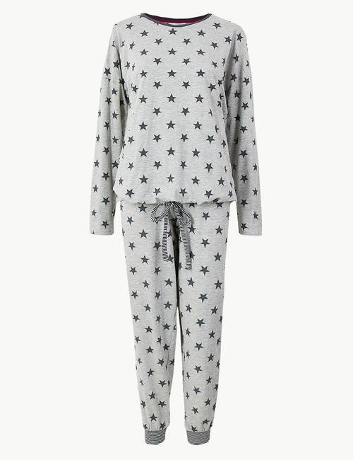 Gri Pamuklu Yıldız Baskılı Pijama Takımı