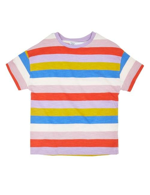 Multi Renk Saf Pamuklu Çizgili T-shirt