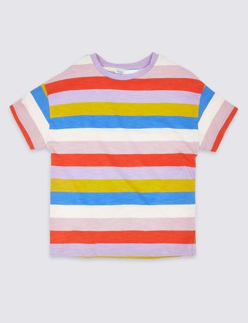 Multi Renk Saf Pamuklu Çizgili T-shirt