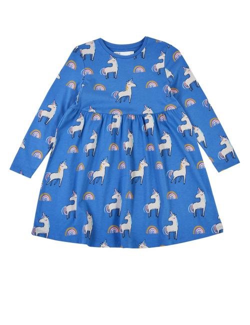 Mavi Saf Pamuklu Unicorn Desenli Elbise